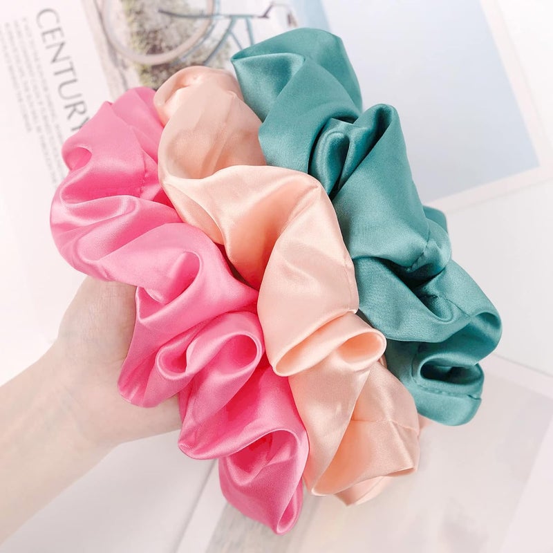 CEELGON Big Real Silk Scrunchies for Hair Satin Oversized for Sleep Large Scrunchie for Curly Hair Silk Thick Elastic Hair Ties Jumbo Hair Scrunchies 6 Pack (black, champagne, pink,khaki, blue, shell - Image 5