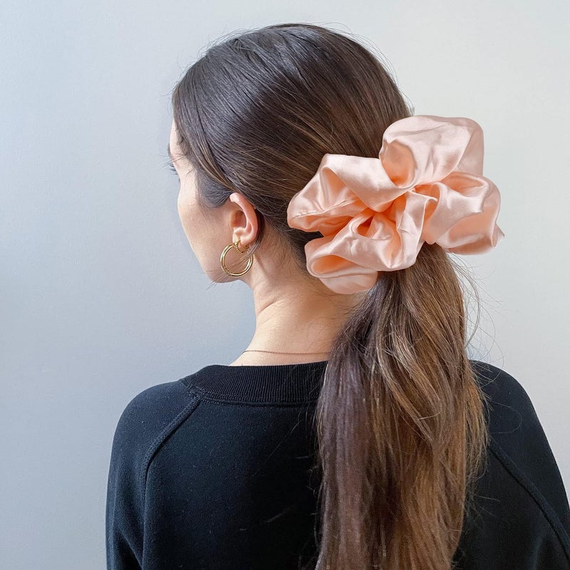 CEELGON Big Real Silk Scrunchies for Hair Satin Oversized for Sleep Large Scrunchie for Curly Hair Silk Thick Elastic Hair Ties Jumbo Hair Scrunchies 6 Pack (black, champagne, pink,khaki, blue, shell - Image 4