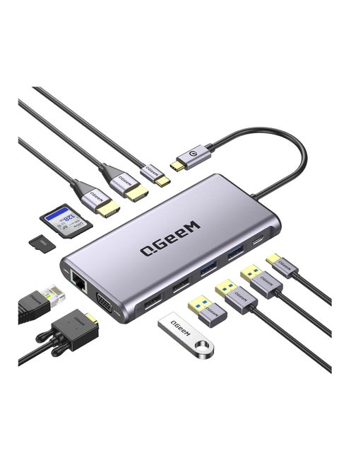 قاعدة شحن لابتوب 12 في 1 بمنفذ USB C وشاشة مزدوجة نوع ثلاثية الشاشة مع منفذ HDMI مزدوج 4K VGA 100 واط PD ايثرنت 4 SD/TF متوافقة ماك بوك وويندوز رمادي