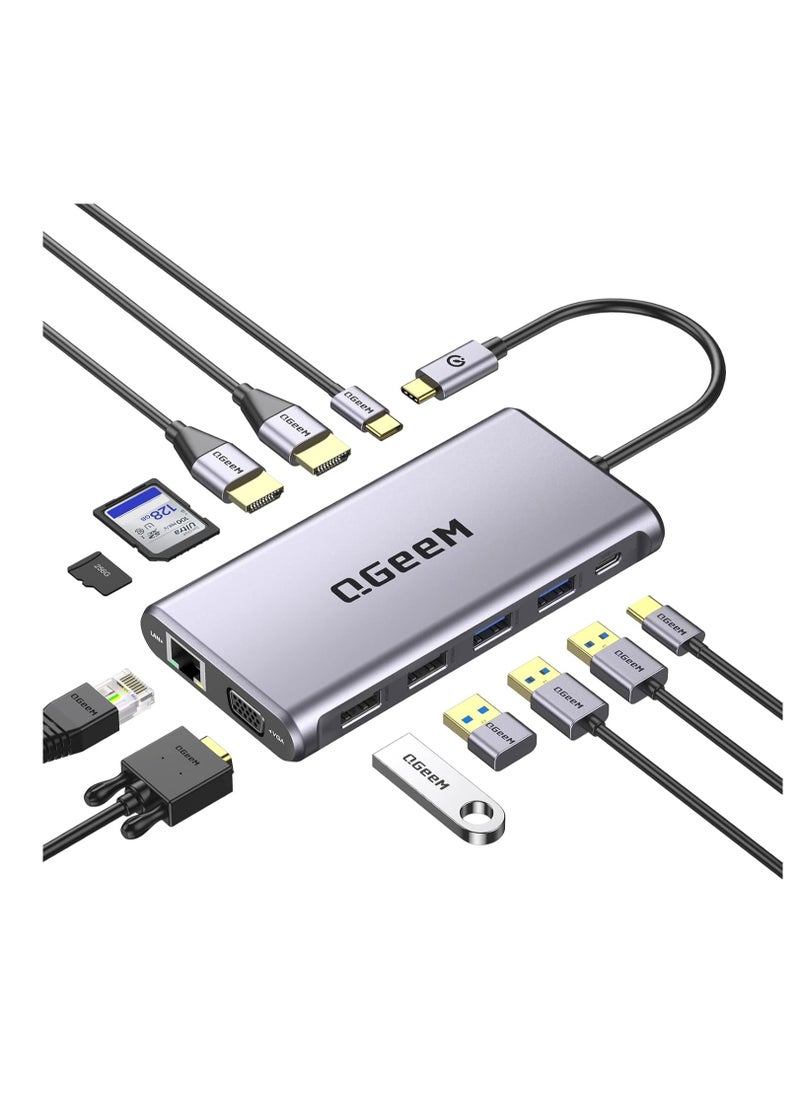 ماركة غير محددة قاعدة شحن لابتوب 12 في 1 بمنفذ USB C وشاشة مزدوجة نوع ثلاثية الشاشة مع منفذ HDMI مزدوج 4K VGA 100 واط PD ايثرنت 4 SD/TF متوافقة ماك بوك وويندوز رمادي  - Image 1