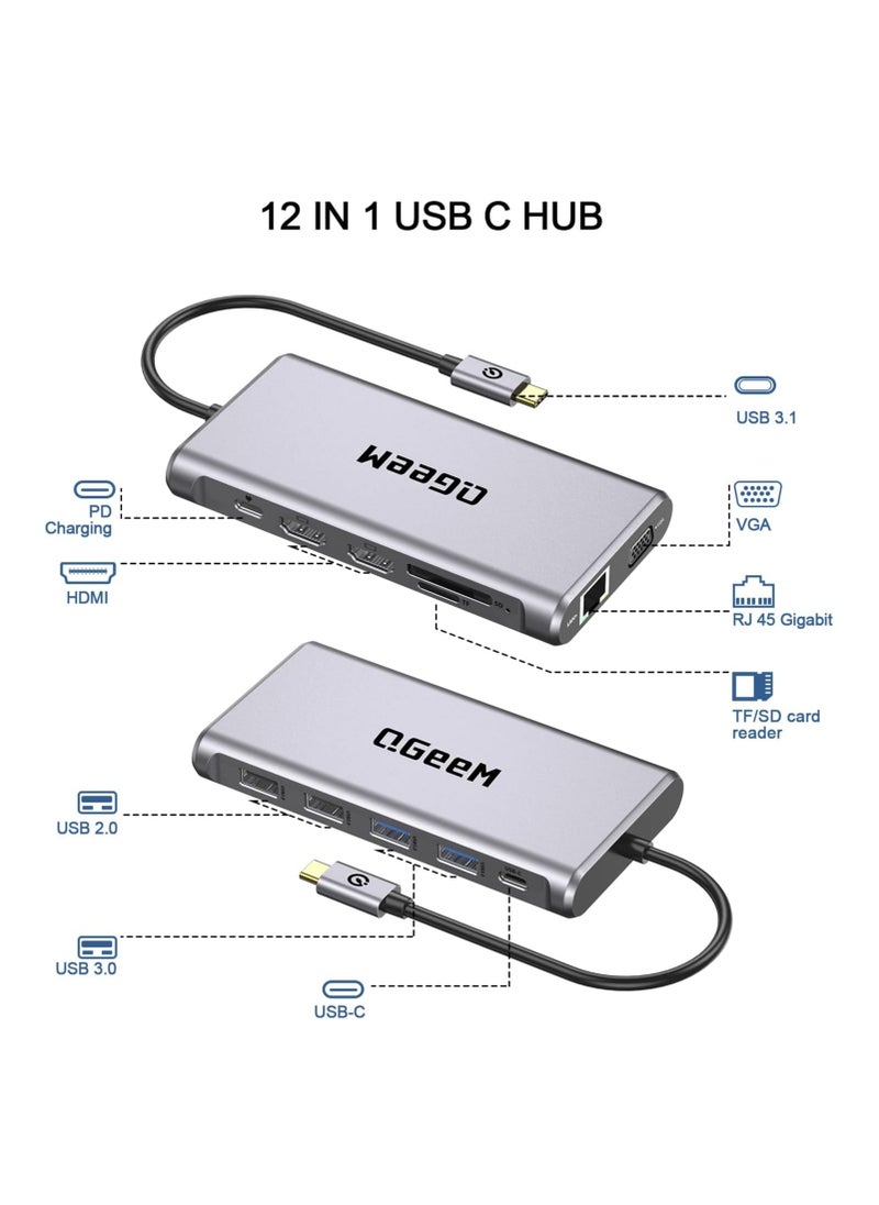ماركة غير محددة قاعدة شحن لابتوب 12 في 1 بمنفذ USB C وشاشة مزدوجة نوع ثلاثية الشاشة مع منفذ HDMI مزدوج 4K VGA 100 واط PD ايثرنت 4 SD/TF متوافقة ماك بوك وويندوز رمادي  - Image 2
