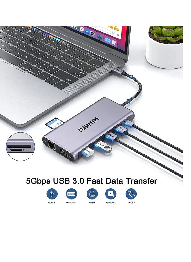 ماركة غير محددة قاعدة شحن لابتوب 12 في 1 بمنفذ USB C وشاشة مزدوجة نوع ثلاثية الشاشة مع منفذ HDMI مزدوج 4K VGA 100 واط PD ايثرنت 4 SD/TF متوافقة ماك بوك وويندوز رمادي  - Image 4