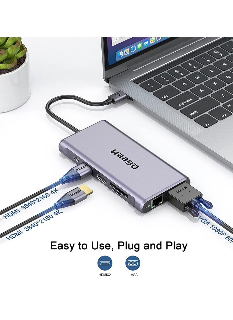 ماركة غير محددة قاعدة شحن لابتوب 12 في 1 بمنفذ USB C وشاشة مزدوجة نوع ثلاثية الشاشة مع منفذ HDMI مزدوج 4K VGA 100 واط PD ايثرنت 4 SD/TF متوافقة ماك بوك وويندوز رمادي  - Image 5