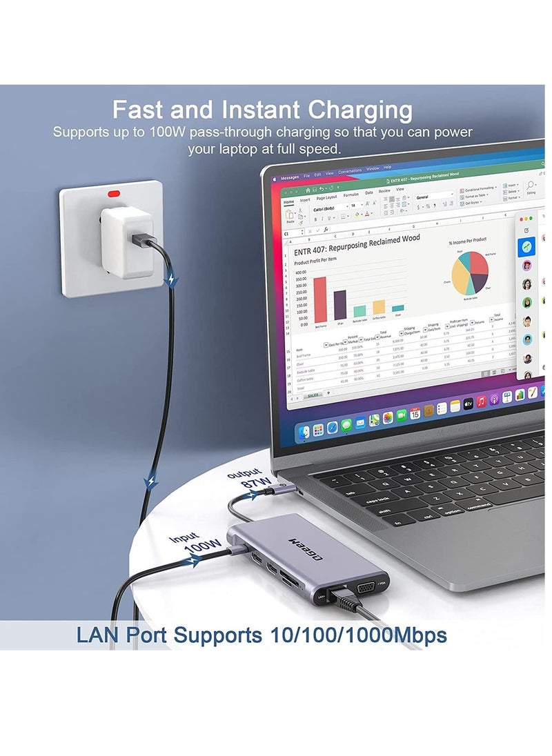 ماركة غير محددة - قاعدة شحن لابتوب 12 في 1 بمنفذ USB C وشاشة مزدوجة نوع ثلاثية الشاشة مع منفذ HDMI مزدوج 4K VGA 100 واط PD ايثرنت 4 SD/TF متوافقة ماك بوك وويندوز رمادي - Image 1