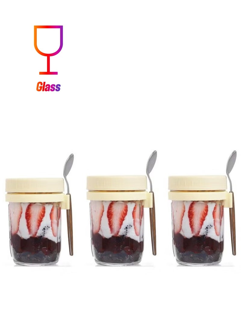 Anna 3-Piece Glass Storage Set with Lids and Spoons - Portable Sealed Breakfast Cups for Oatmeal, Milk, Salad, and Yogurt - Image 1
