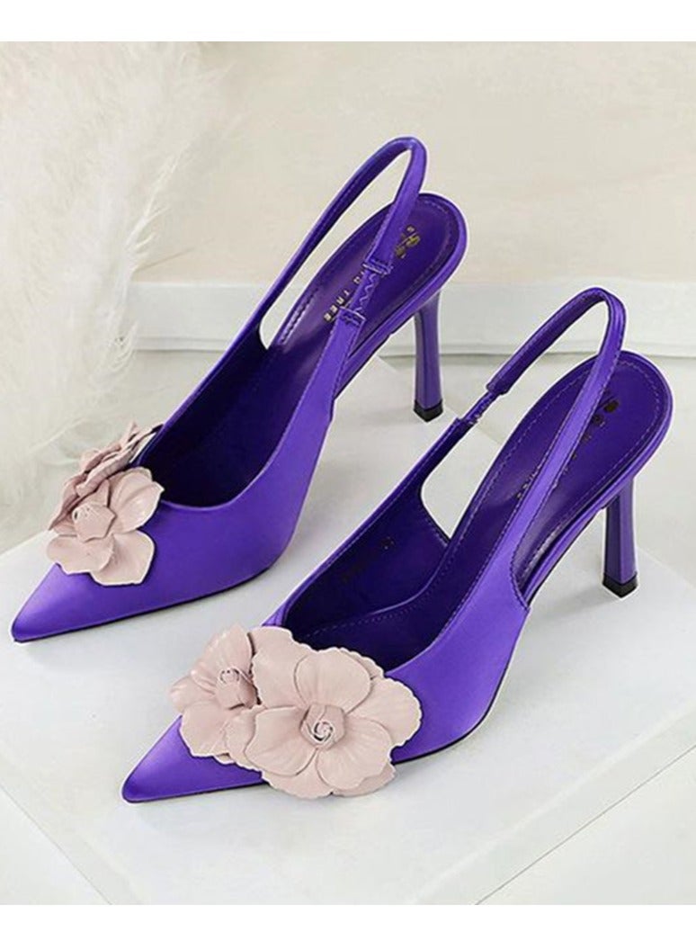 BIGTREE Women's Stiletto Pumps Closed Pointed Toe High Heels With Floral Decoration Purple 9.5CM - Image 1