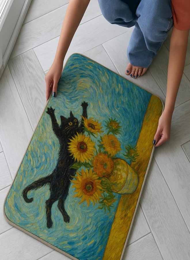 M-Qizi Van Gogh Sunflower Black Cat Door Mat, Vintage Abstract Funny Cat Doormat Indoor Outdoor Entrance Porch, Whimsical Black Kitten Boho Welcome Mats for Front Door Entryway, 17x30 Inches - Image 3