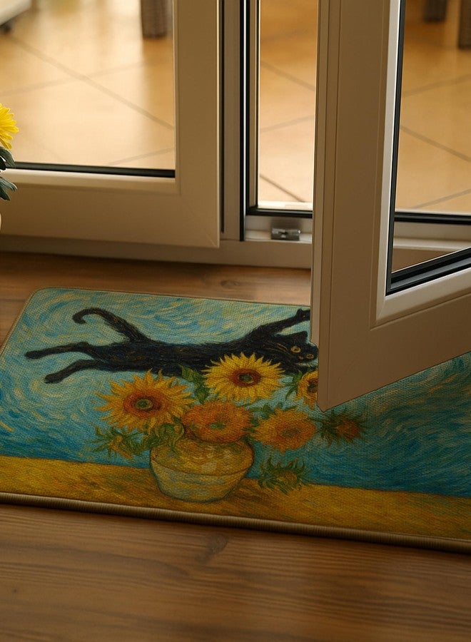 M-Qizi Van Gogh Sunflower Black Cat Door Mat, Vintage Abstract Funny Cat Doormat Indoor Outdoor Entrance Porch, Whimsical Black Kitten Boho Welcome Mats for Front Door Entryway, 17x30 Inches - Image 5