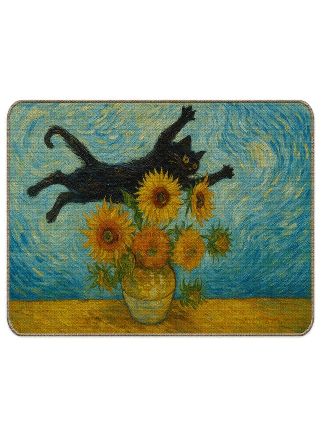 M-Qizi Van Gogh Sunflower Black Cat Door Mat, Vintage Abstract Funny Cat Doormat Indoor Outdoor Entrance Porch, Whimsical Black Kitten Boho Welcome Mats for Front Door Entryway, 17x30 Inches - Image 1