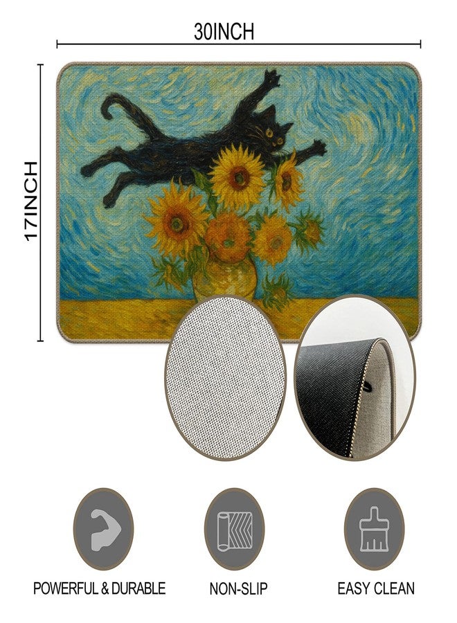 M-Qizi Van Gogh Sunflower Black Cat Door Mat, Vintage Abstract Funny Cat Doormat Indoor Outdoor Entrance Porch, Whimsical Black Kitten Boho Welcome Mats for Front Door Entryway, 17x30 Inches - Image 4