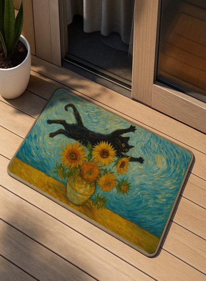 M-Qizi Van Gogh Sunflower Black Cat Door Mat, Vintage Abstract Funny Cat Doormat Indoor Outdoor Entrance Porch, Whimsical Black Kitten Boho Welcome Mats for Front Door Entryway, 17x30 Inches - Image 2
