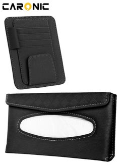 CARONIC Car Sun Visor Tissue Box PU Leather Napkin Paper Cover Case With Car sun visor Sunglasses and card holder Black  - Image 1