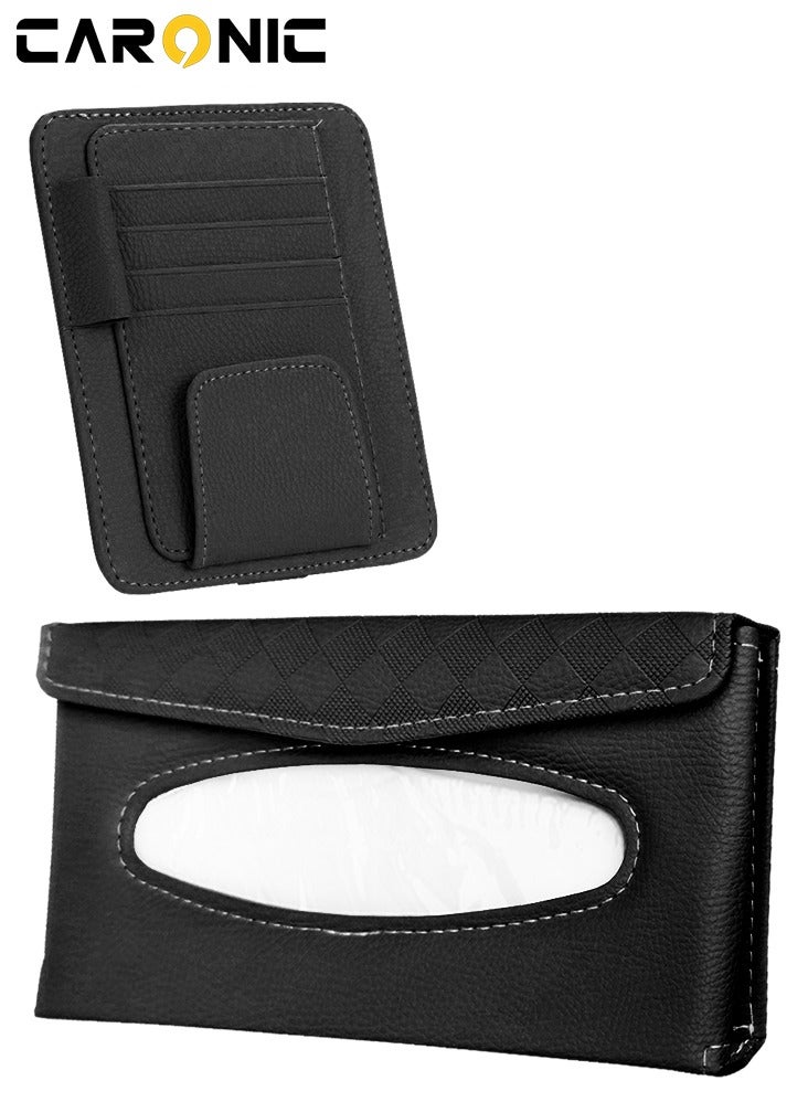 CARONIC Car Sun Visor Tissue Box PU Leather Napkin Paper Cover Case With Car sun visor Sunglasses and card holder Black  - Image 1