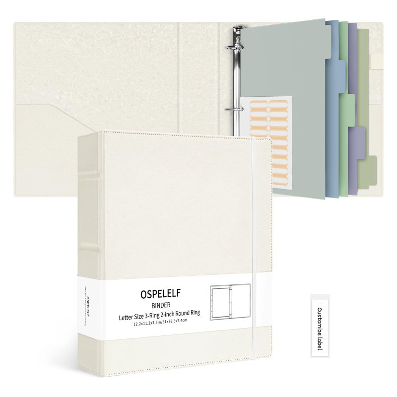 Ospelelf Vintage Hardcover 3 Ring 2 inch Leather Binder, Professional Binders Organizer Suitable for Letter Size Documents, Binder Dividers with Tabs, Beige - Image 1
