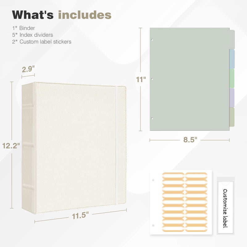 Ospelelf Vintage Hardcover 3 Ring 2 inch Leather Binder, Professional Binders Organizer Suitable for Letter Size Documents, Binder Dividers with Tabs, Beige - Image 3