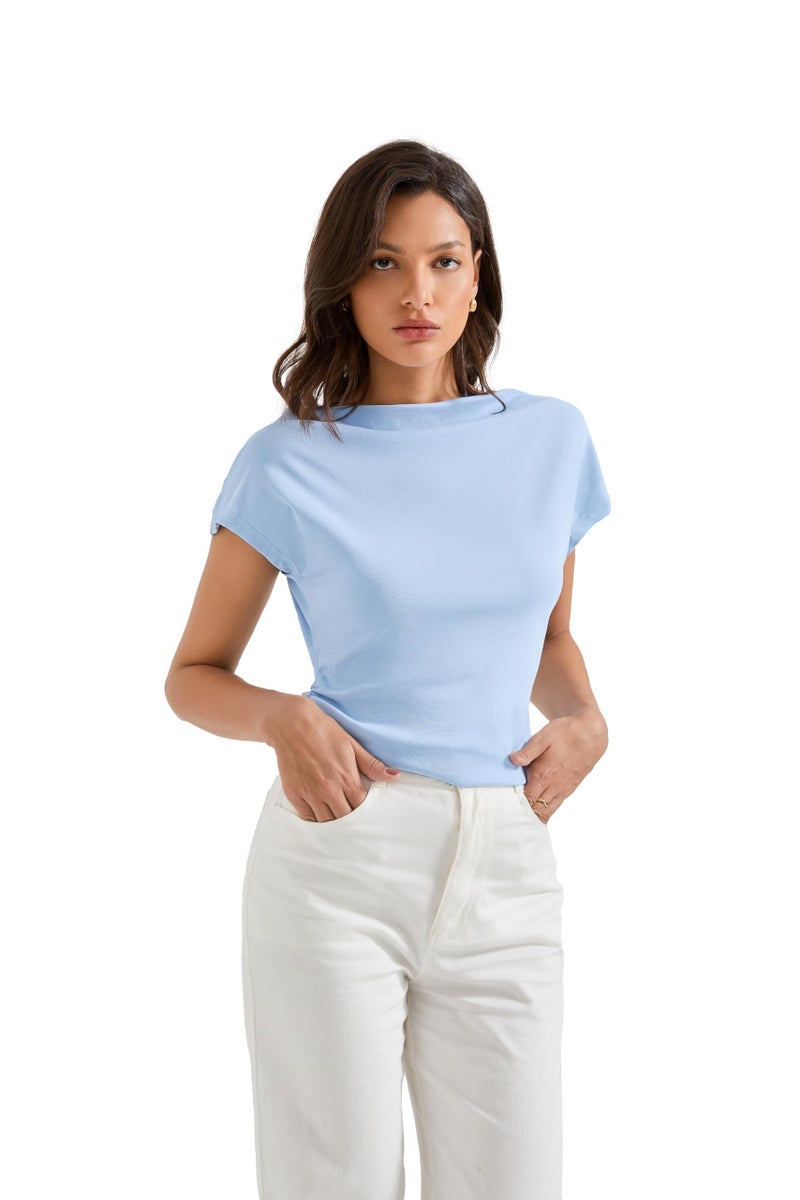 SUUKSESS Women Off The Shoulder Summer Tops One Shoulder T Shirt Casual Short Sleeve Boat Neck Tees Blue - Image 2