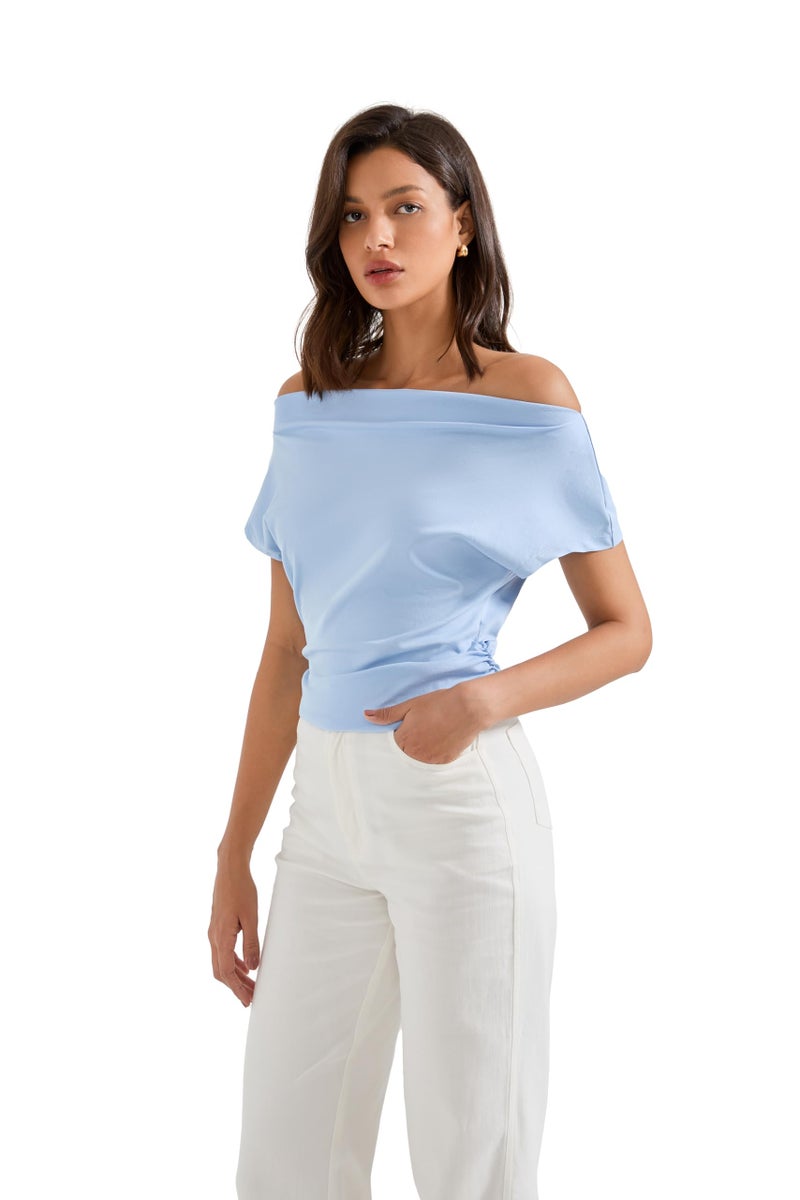 SUUKSESS Women Off The Shoulder Summer Tops One Shoulder T Shirt Casual Short Sleeve Boat Neck Tees Blue - Image 4