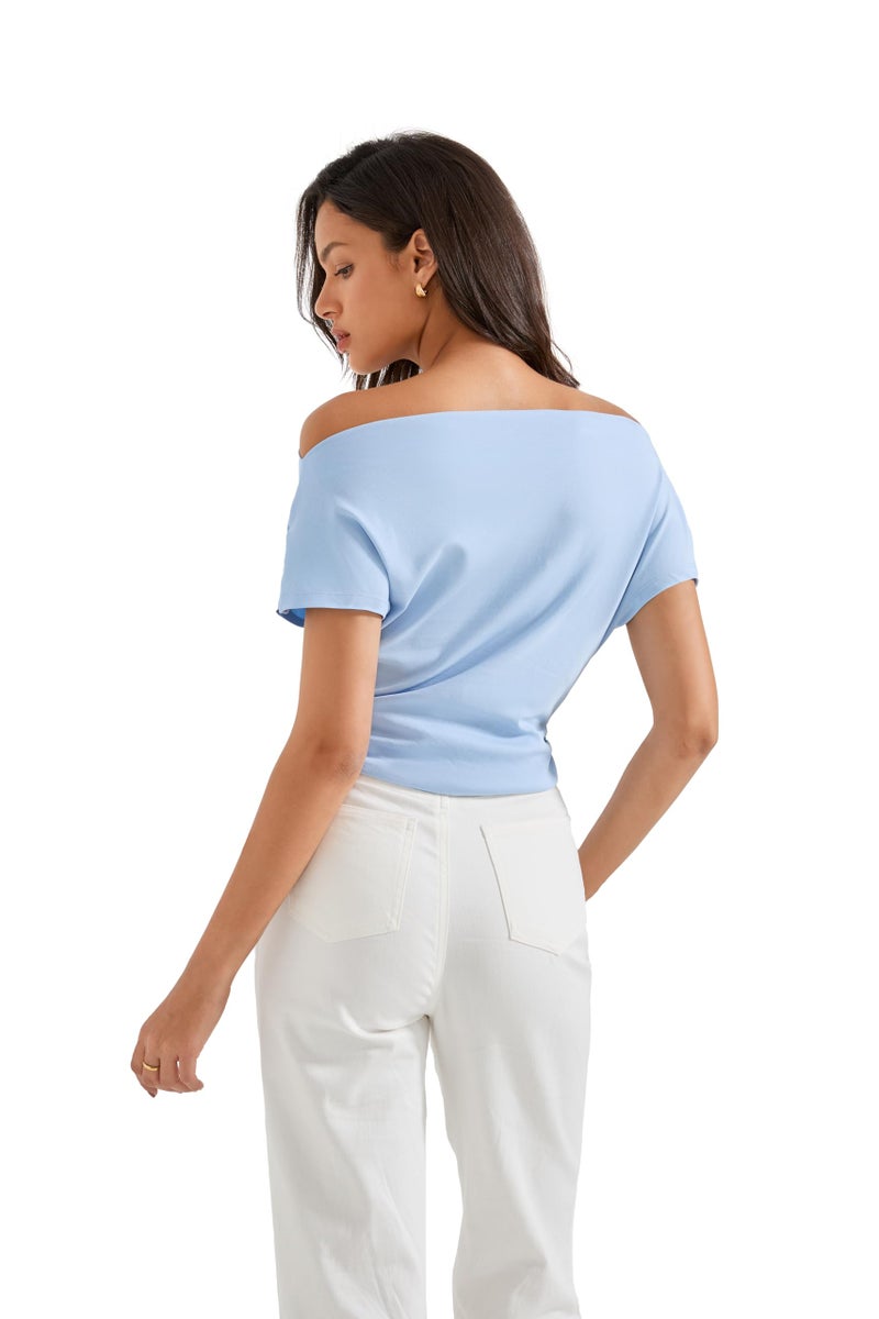 SUUKSESS Women Off The Shoulder Summer Tops One Shoulder T Shirt Casual Short Sleeve Boat Neck Tees Blue - Image 5