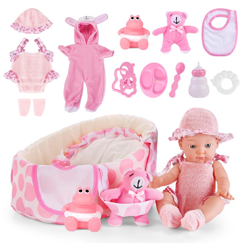 deAO Baby Doll Accessories Doll Clothes with 13in Doll Bassinet Carrier Bed Doll Accessories Baby Dolls Pillow Caring Pretend Play Set Gift for Girls Toddlers - Image 1