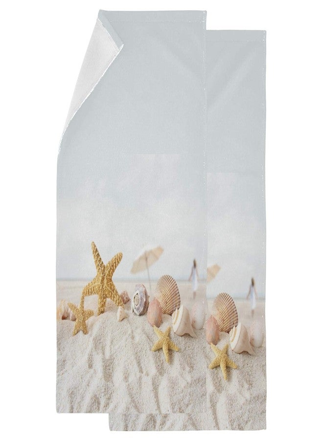 Naanle Beautiful Sandy Beach Starfish Seashells Luxury 2-Pack Soft Highly Absorbent Fluffy Guest Decor Hand Towels, Multipurpose for Bathroom, Hotel, Gym and Spa (14" x 28",White Beige) - Image 1