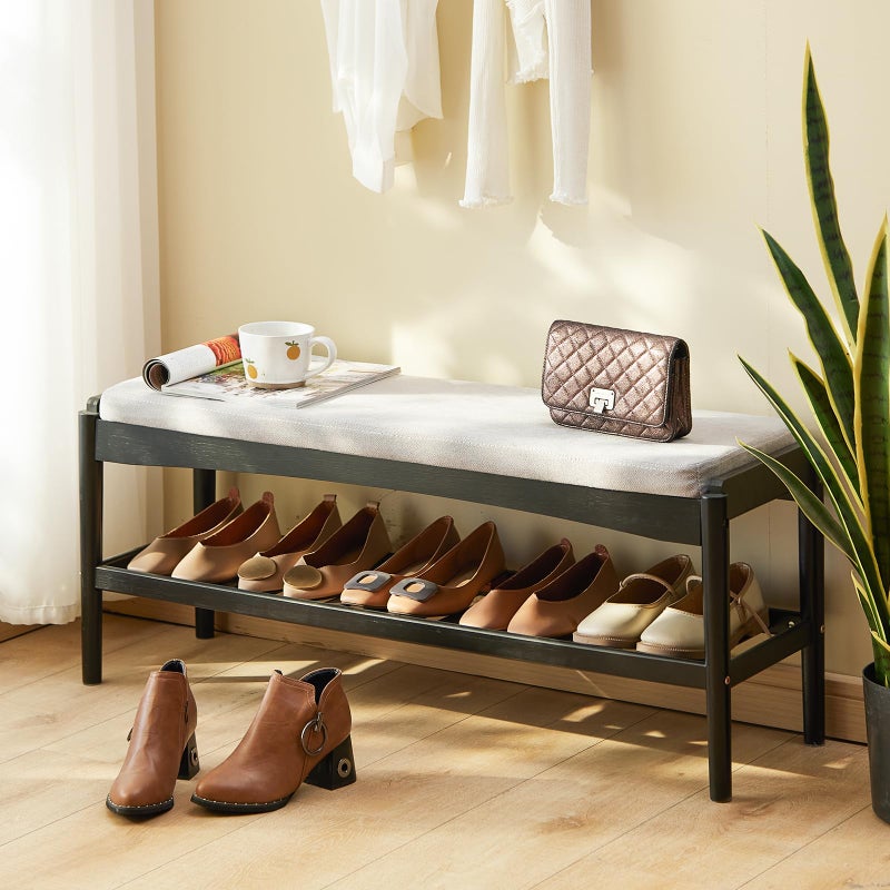 STDDRE Shoe Bench Entryway Bamboo 2-Tier Shoe Rack with Cushion Padded Seat Shoe Bench Organizer Stable for Entry, Hallway, Living Room, Bedroom, Closet (39.4 * 11.4 * 16.5IN, Black-Gray) - Image 1