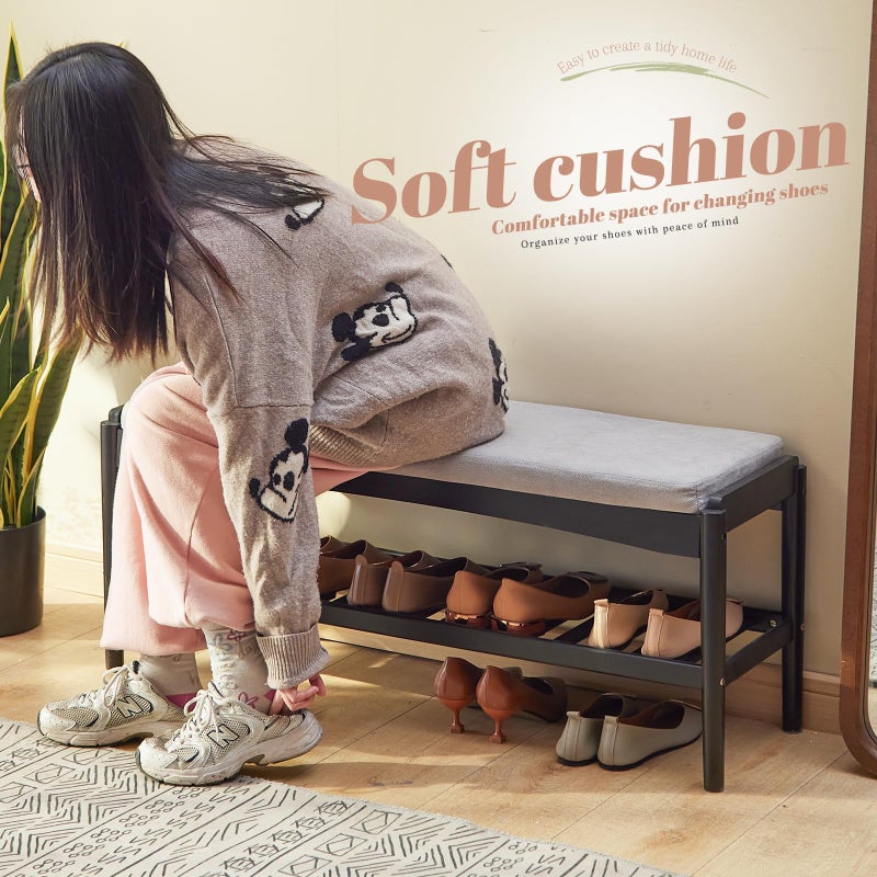 STDDRE Shoe Bench Entryway Bamboo 2-Tier Shoe Rack with Cushion Padded Seat Shoe Bench Organizer Stable for Entry, Hallway, Living Room, Bedroom, Closet (39.4 * 11.4 * 16.5IN, Black-Gray) - Image 3