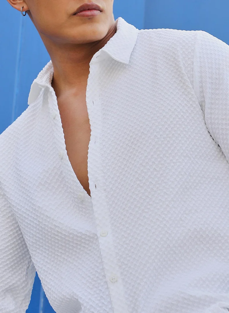 Campus Sutra Men's Chalk White Embossed Micro Check Shirt