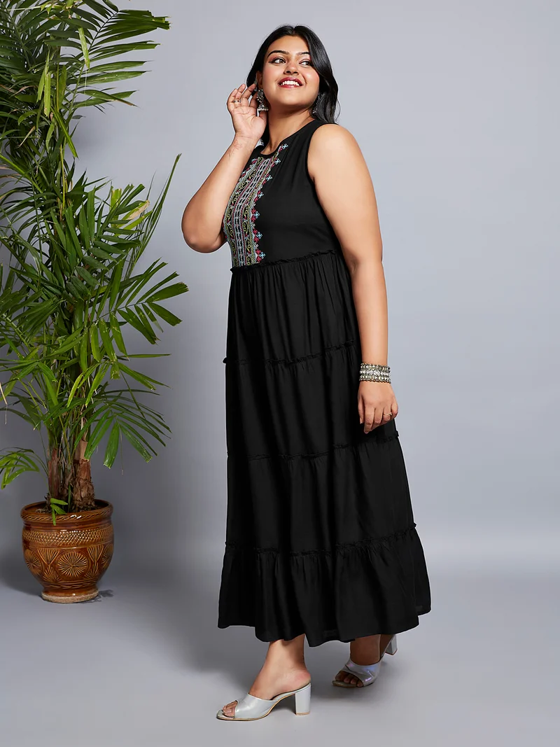 globus Globus Gloplus Women Embroidered Yoke Gathered Tiered Fit & Flare Plus Size Maxi Dress