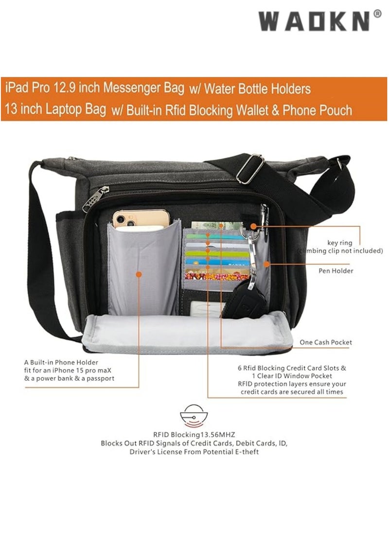 WAOKN - Trendy Canvas Laptop Messenger Bag, Fits 13-Inch Notebooks, Unisex Casual Water Bottle Storage, Effortlessly Create Your Own Personalized Crossbody Style - Image 1