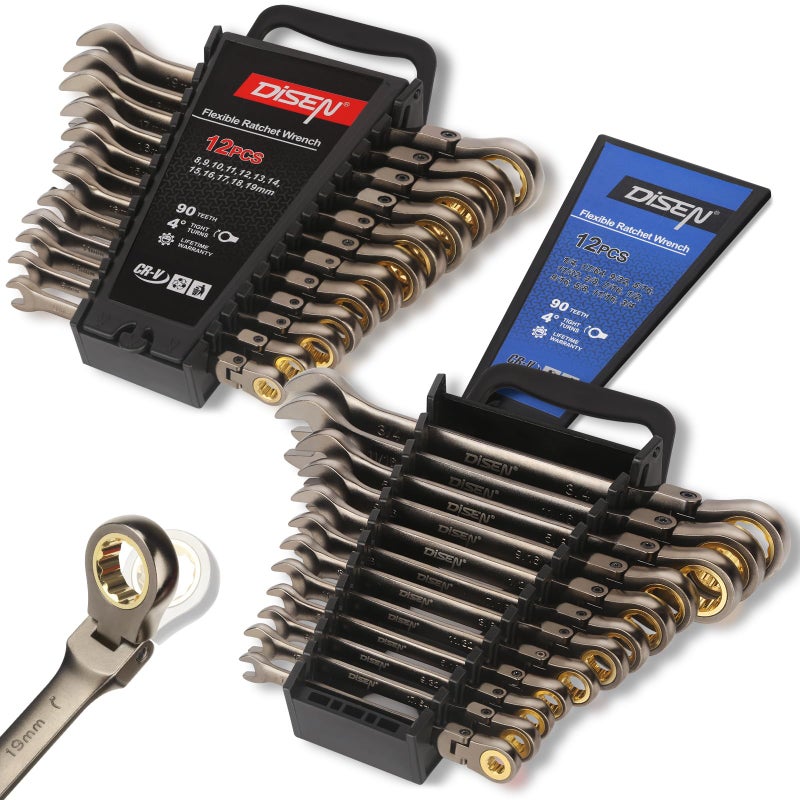 DISEN 24pcs 90Teeth Ratchet Wrenches Set Flex Head Ratcheting Wrench Set Metric 8MM19MM and SAE Wrenches 14 Inch34 Inch Nickel Plating CrV Constructed with Organizer Rack