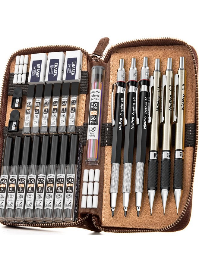 Nicpro 29Pcs Art Mechanical Pencil Set In Leather Case Metal Drafting Pencil 0.5 0.7 0.9 Mm & 2Mm Lead Holders For Sketching Drawing With 15 Tube (4B 2B Hb 2H 4H Colored) Lead Refills - Image 1