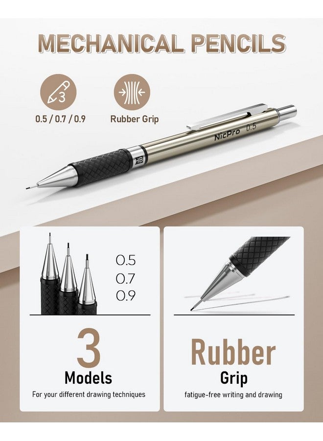 Nicpro 29Pcs Art Mechanical Pencil Set In Leather Case Metal Drafting Pencil 0.5 0.7 0.9 Mm & 2Mm Lead Holders For Sketching Drawing With 15 Tube (4B 2B Hb 2H 4H Colored) Lead Refills - Image 3