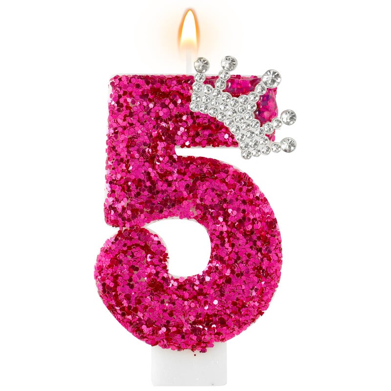 AKURIEEY Hot Pink Birthday Candles Crown Number 5 Candle Birthday Party Decorations Cake Topper Cupcake Decor for Anniversary Celebrations Supplies - Image 1