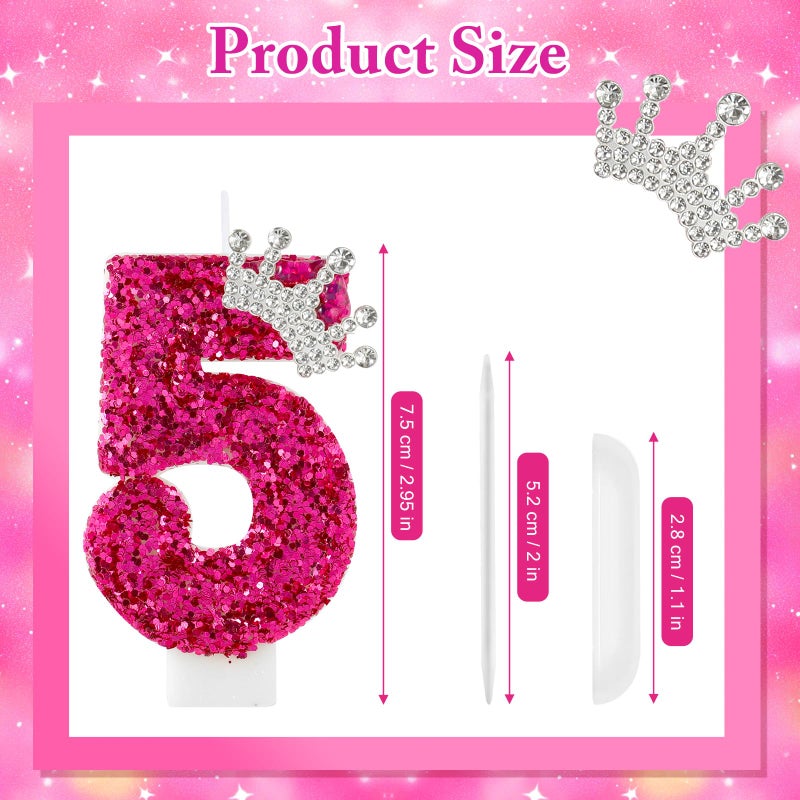 AKURIEEY Hot Pink Birthday Candles Crown Number 5 Candle Birthday Party Decorations Cake Topper Cupcake Decor for Anniversary Celebrations Supplies - Image 3