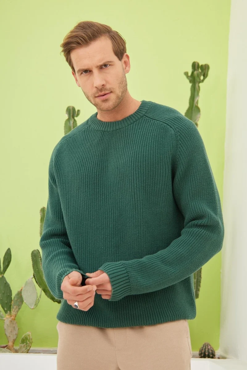 Odelon Crew Neck Selanik Knitted Cotton Men's Green Knitwear Sweater