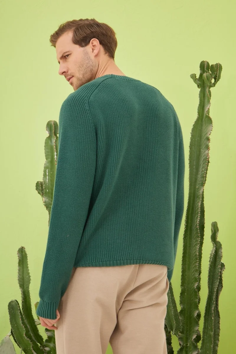 Odelon Crew Neck Selanik Knitted Cotton Men's Green Knitwear Sweater
