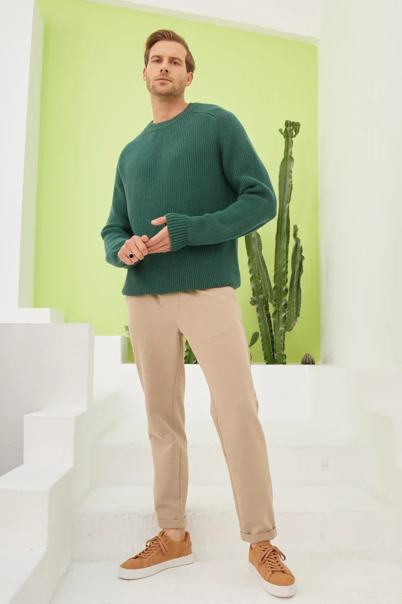 Odelon Crew Neck Selanik Knitted Cotton Men's Green Knitwear Sweater