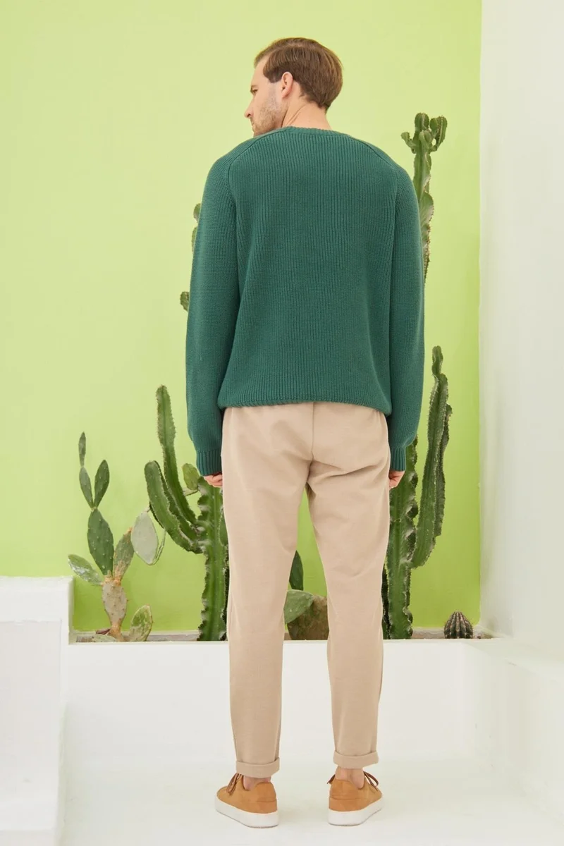 Odelon Crew Neck Selanik Knitted Cotton Men's Green Knitwear Sweater