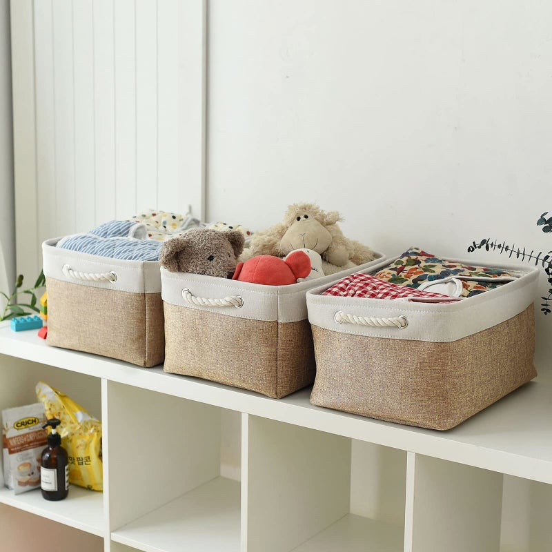 Sacyic Fabric Storage Baskets - Rectangular Baskets for Organizing Fabric, Shelves & Decorative Use (White & Khaki) - Image 2