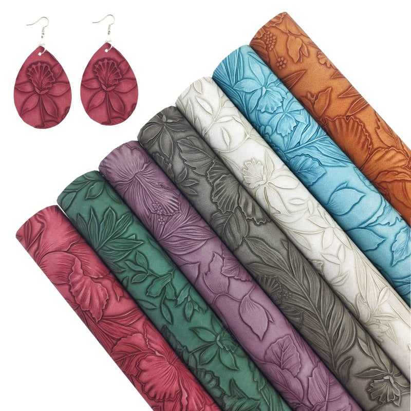 SHUANGART 7 Pcs Embossed Faux Leather Sheets for Earrings Purses Making, 8.2" X 11.8" with Flower Leaf Embossed Textured Synthetic Fabric Sheets for DIY Bows Wallet Sewing Crafts (Random) - Image 1