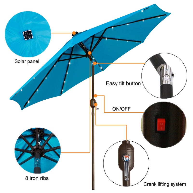 Blissun 9 ft Solar Umbrella, 32 LED Lighted Patio Umbrella, Table Market Umbrella, Outdoor Umbrella for Garden, Deck, Backyard, Pool and Beach (Light Blue) - Image 3