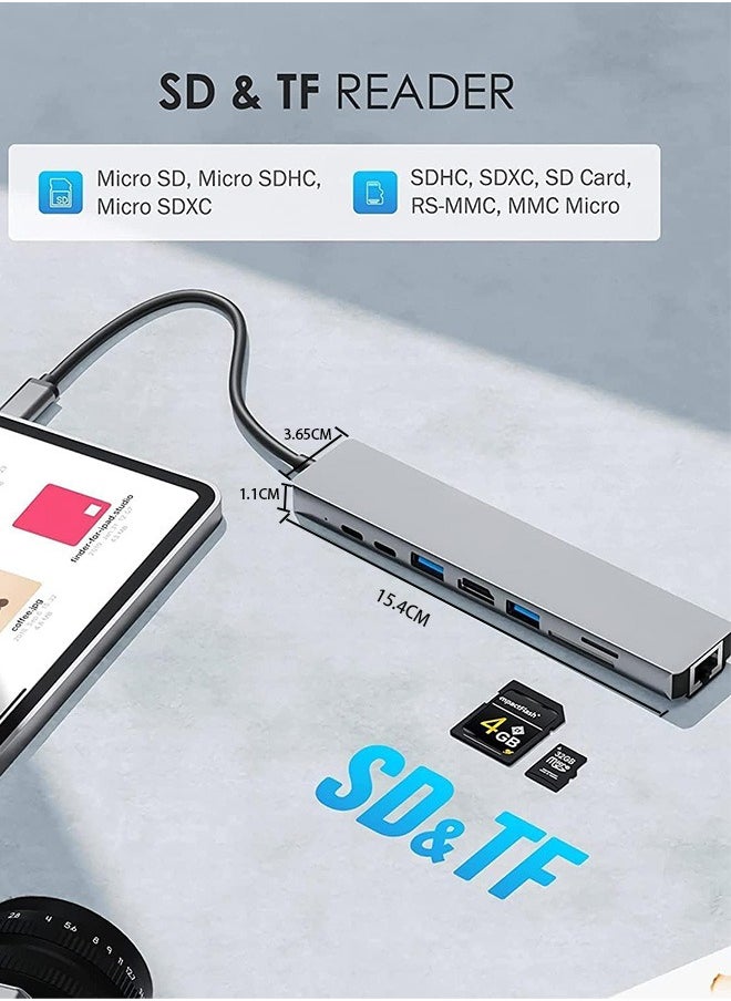 موزع USB C، محول متعدد المنافذ 8 في 1 من النوع C مع HDMI بدقة 4K، وتوصيل طاقة PD، وUSB-C، وEthernet، و2x USB، وقارئ بطاقات SD TF، ومتوافق مع أجهزة Mac Book Pro XPS والمزيد من أجهزة النوع C