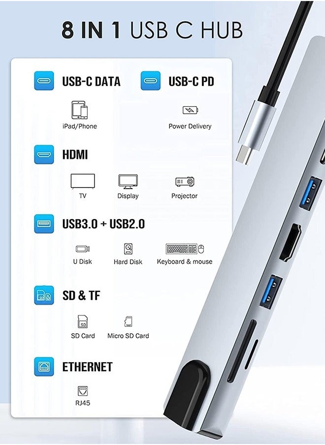 موزع USB C، محول متعدد المنافذ 8 في 1 من النوع C مع HDMI بدقة 4K، وتوصيل طاقة PD، وUSB-C، وEthernet، و2x USB، وقارئ بطاقات SD TF، ومتوافق مع أجهزة Mac Book Pro XPS والمزيد من أجهزة النوع C