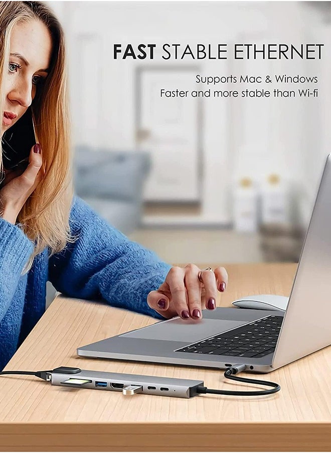 موزع USB C، محول متعدد المنافذ 8 في 1 من النوع C مع HDMI بدقة 4K، وتوصيل طاقة PD، وUSB-C، وEthernet، و2x USB، وقارئ بطاقات SD TF، ومتوافق مع أجهزة Mac Book Pro XPS والمزيد من أجهزة النوع C