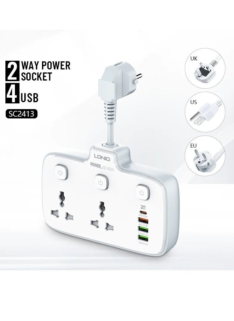 إل دينو - مشترك طاقة LDNIO SC2413 واط مع 4 منافذ USBواط شحن سريع PD 20W و QC3.0 2 منفذ عالمي حماية ضد التداخل 2 متر-ابيض - Image 1