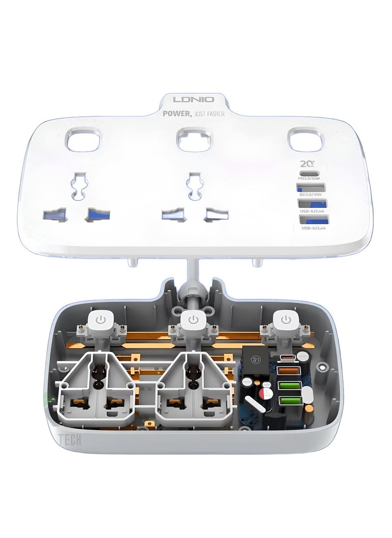 إل دينو - مشترك طاقة LDNIO SC2413 واط مع 4 منافذ USBواط شحن سريع PD 20W و QC3.0 2 منفذ عالمي حماية ضد التداخل 2 متر-ابيض - Image 1