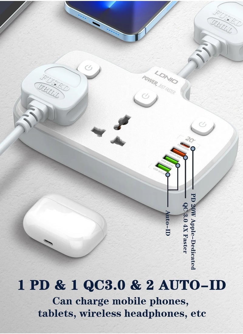 إل دينو - مشترك طاقة LDNIO SC2413 واط مع 4 منافذ USBواط شحن سريع PD 20W و QC3.0 2 منفذ عالمي حماية ضد التداخل 2 متر-ابيض - Image 1