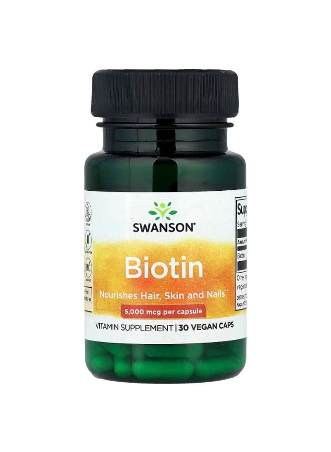 SWANSON Biotin, 5,000 mcg, 30 Vegan Caps - Image 1