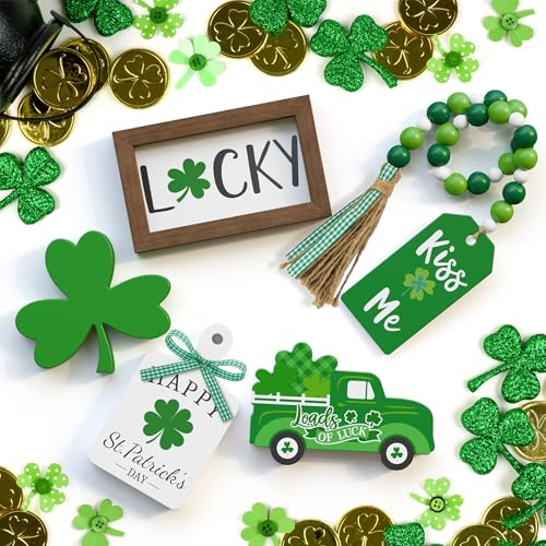Tovwei St. Patrick's Day Tiered Tray Decor set - 5 Pcs Shamrock Wooden Signs Lucky Decor Bead Garland, St. Patricks Day Decorations for Home Kitchen Table Party Decorations - Image 2