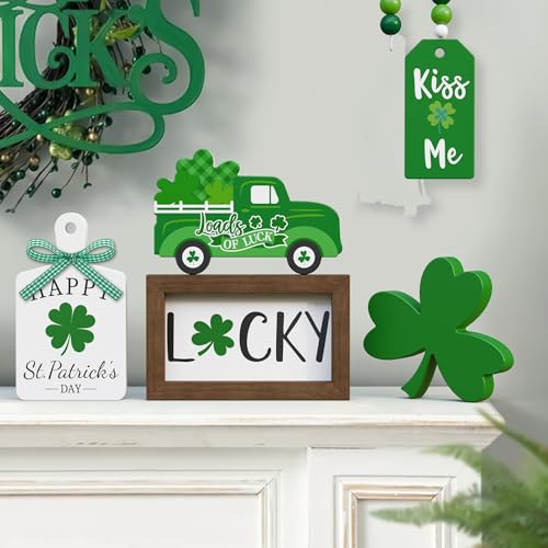 Tovwei St. Patrick's Day Tiered Tray Decor set - 5 Pcs Shamrock Wooden Signs Lucky Decor Bead Garland, St. Patricks Day Decorations for Home Kitchen Table Party Decorations - Image 5